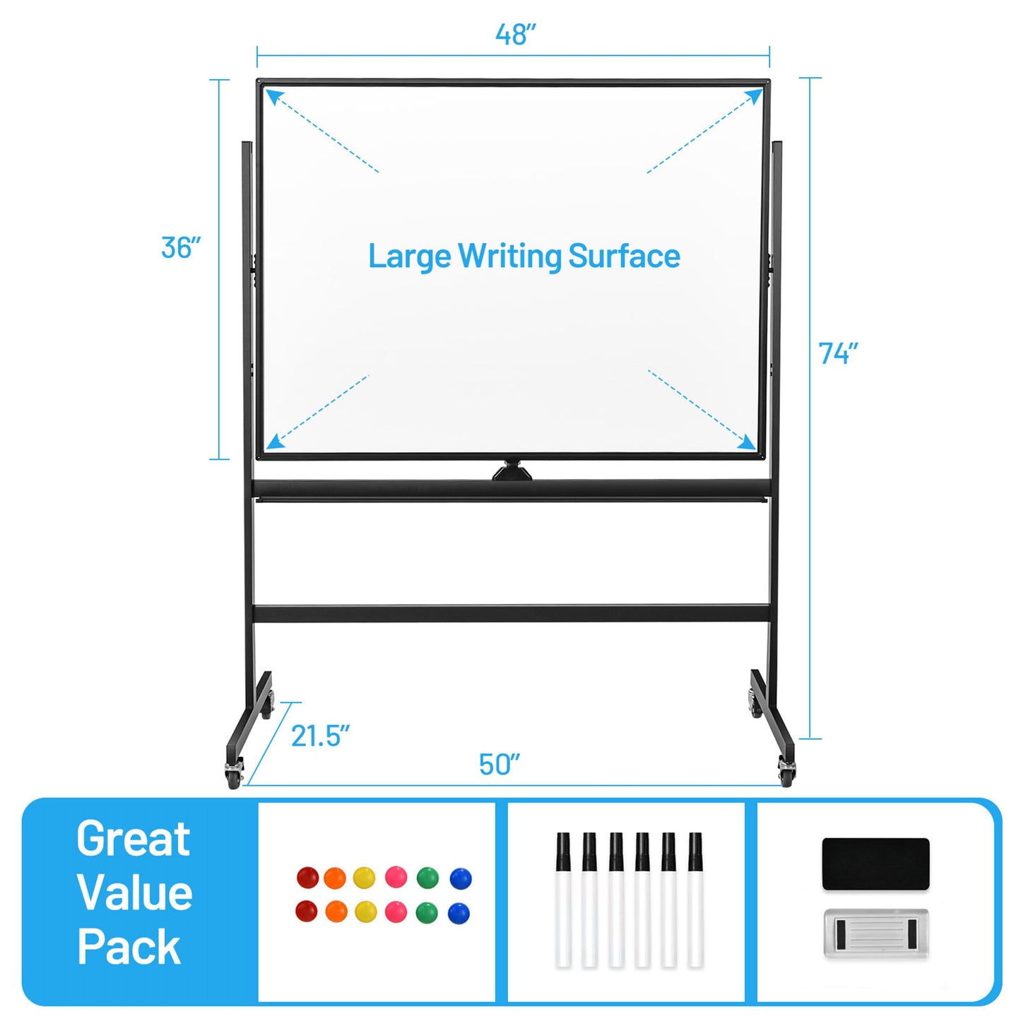 Costway 48''x36'' Mobile Magnetic Double-Sided Reversible Whiteboard Height Adjust