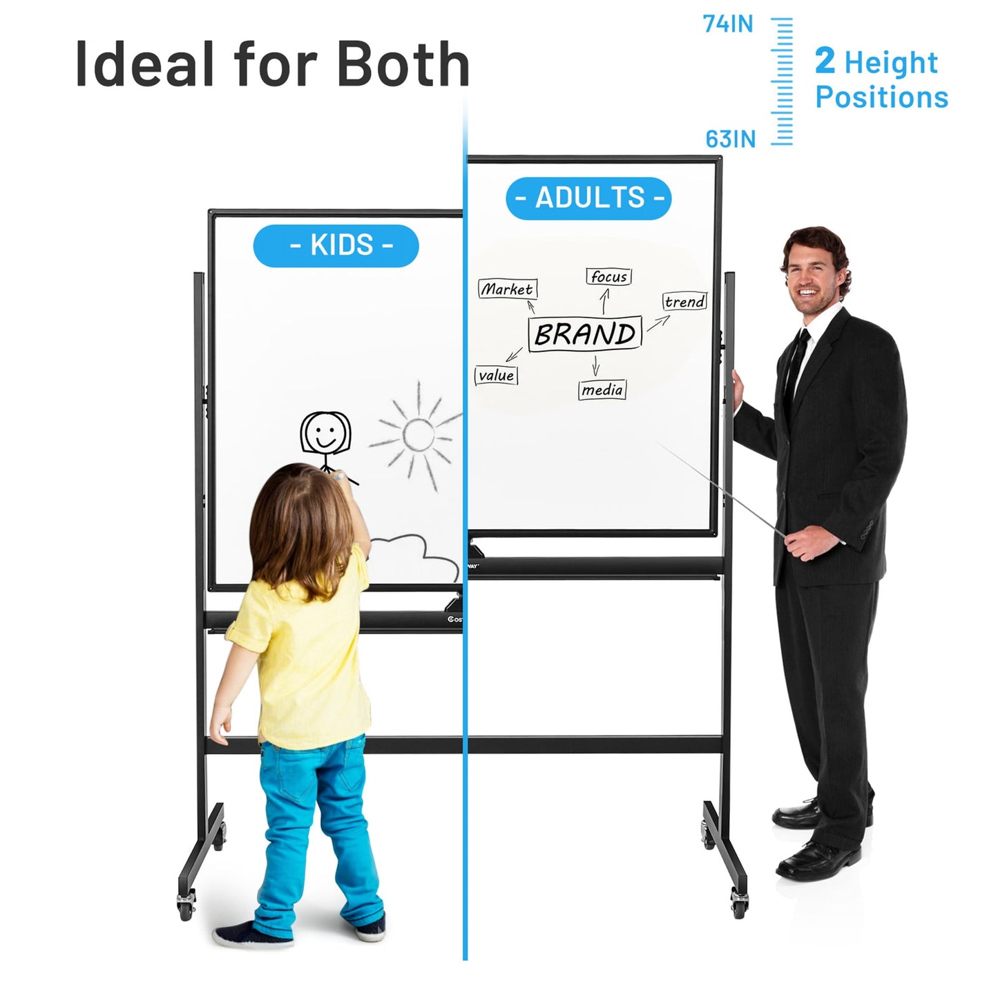 Costway 48''x36'' Mobile Magnetic Double-Sided Reversible Whiteboard Height Adjust