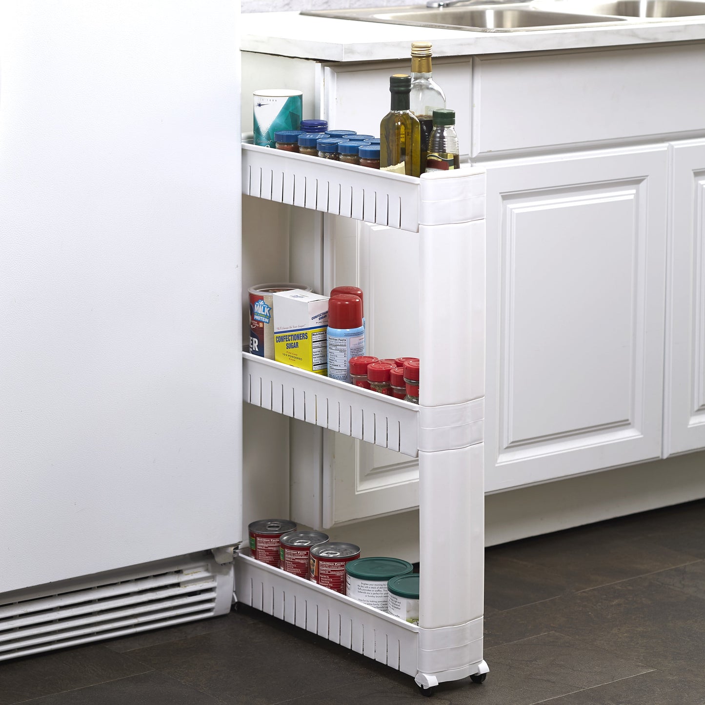 Rolling Slim 3-Tier Kitchen Cart for Tight Indoor Spaces - White