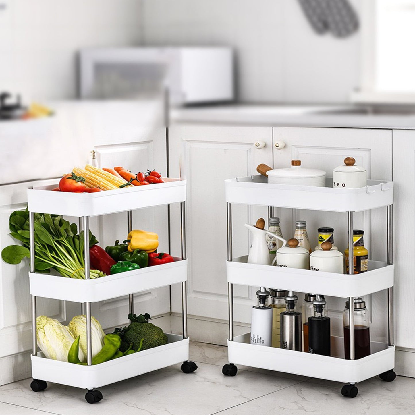 Slim Rolling Storage Cart 3 Tier, Rolling Storage Trolley with Side Hoops, Bathroom Organizer Mobile Shelving Unit Utility Cart Tower Rack for Kitchen Laundry Narrow Places, White