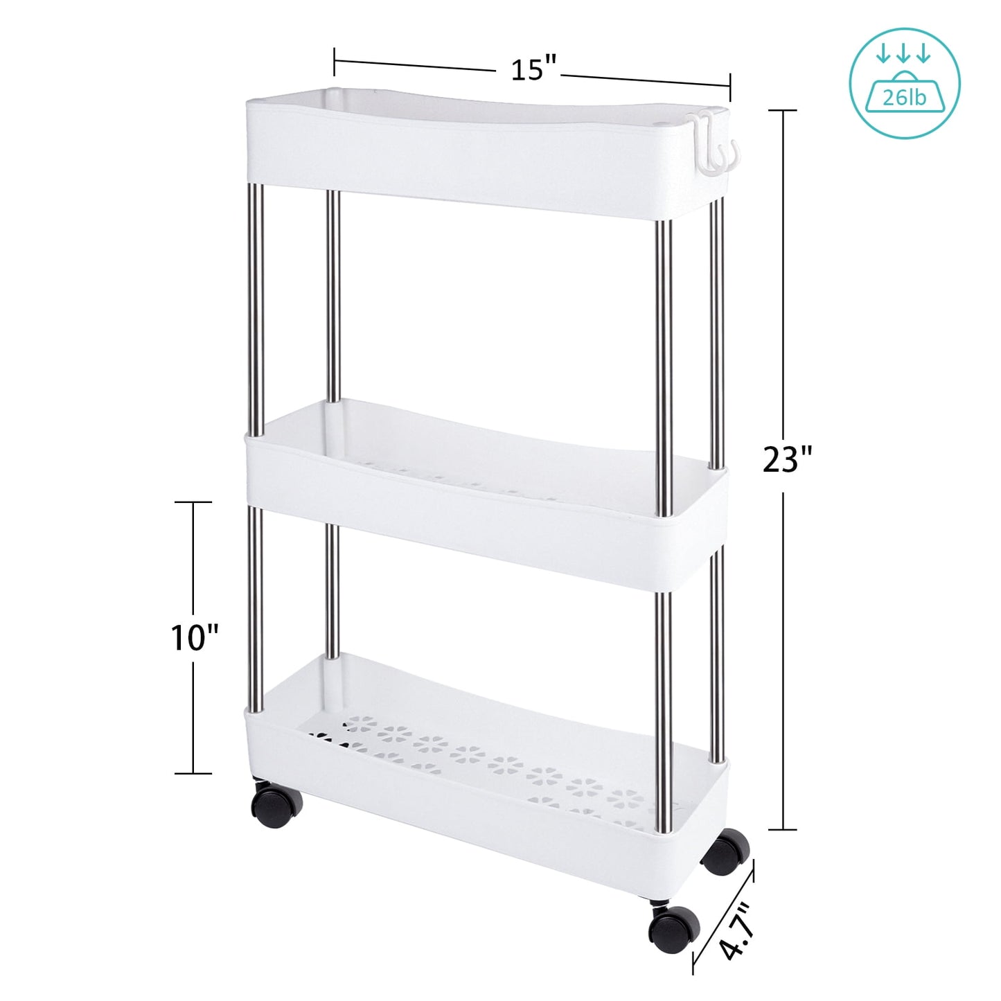 LAYADO 4 Tier Rolling Cart, Slim Rolling Storage Cart with Wheels White Rolling Utility Cart Narrow Storage Organizer for Offices Bathroom Laundry Room