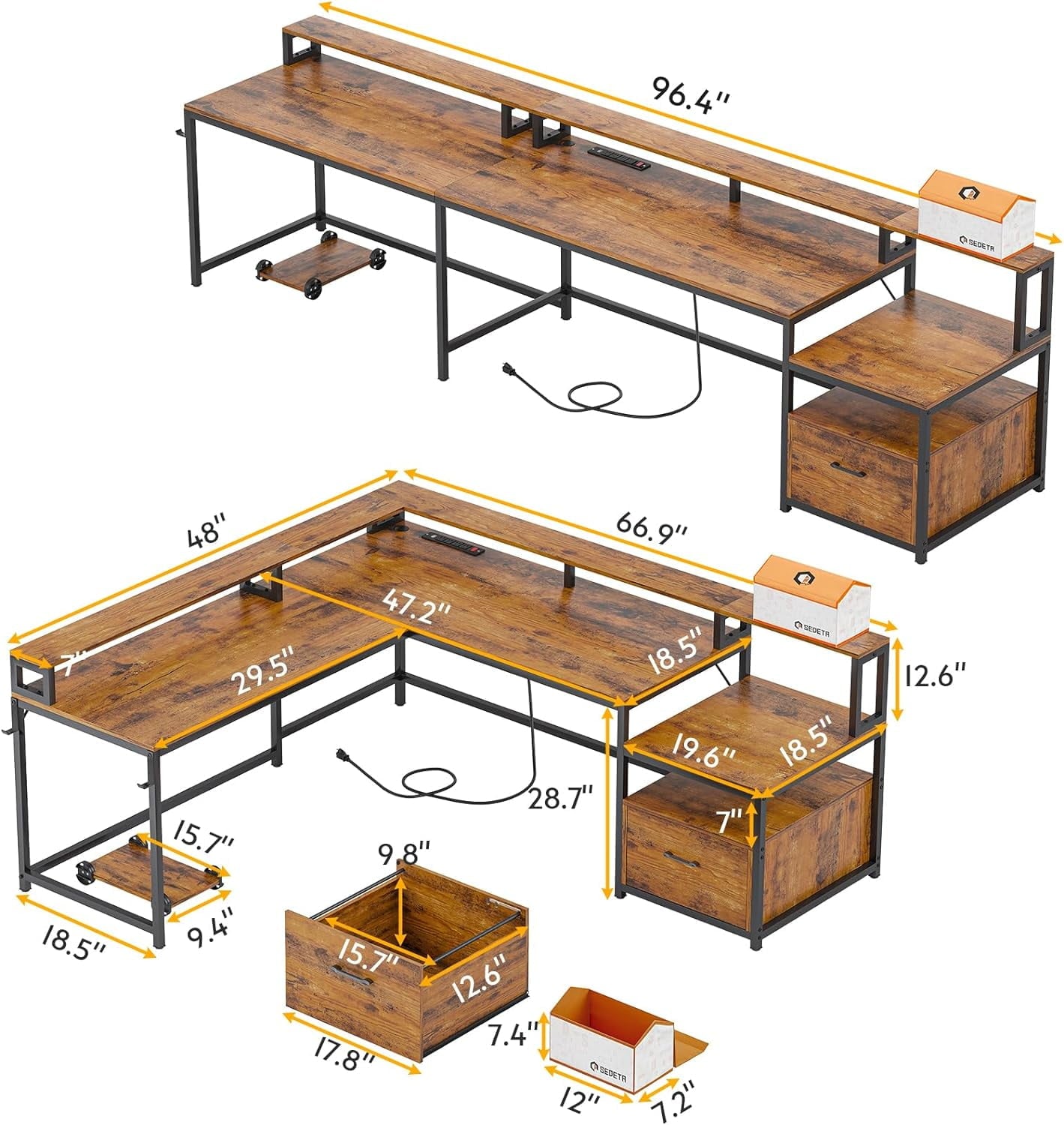 L Shaped Desk with LED Lights and Hutch and Power Outlet for Home Office, 66.9'' Corner Computer Table Writing Desk Table with File Drawer,Brown