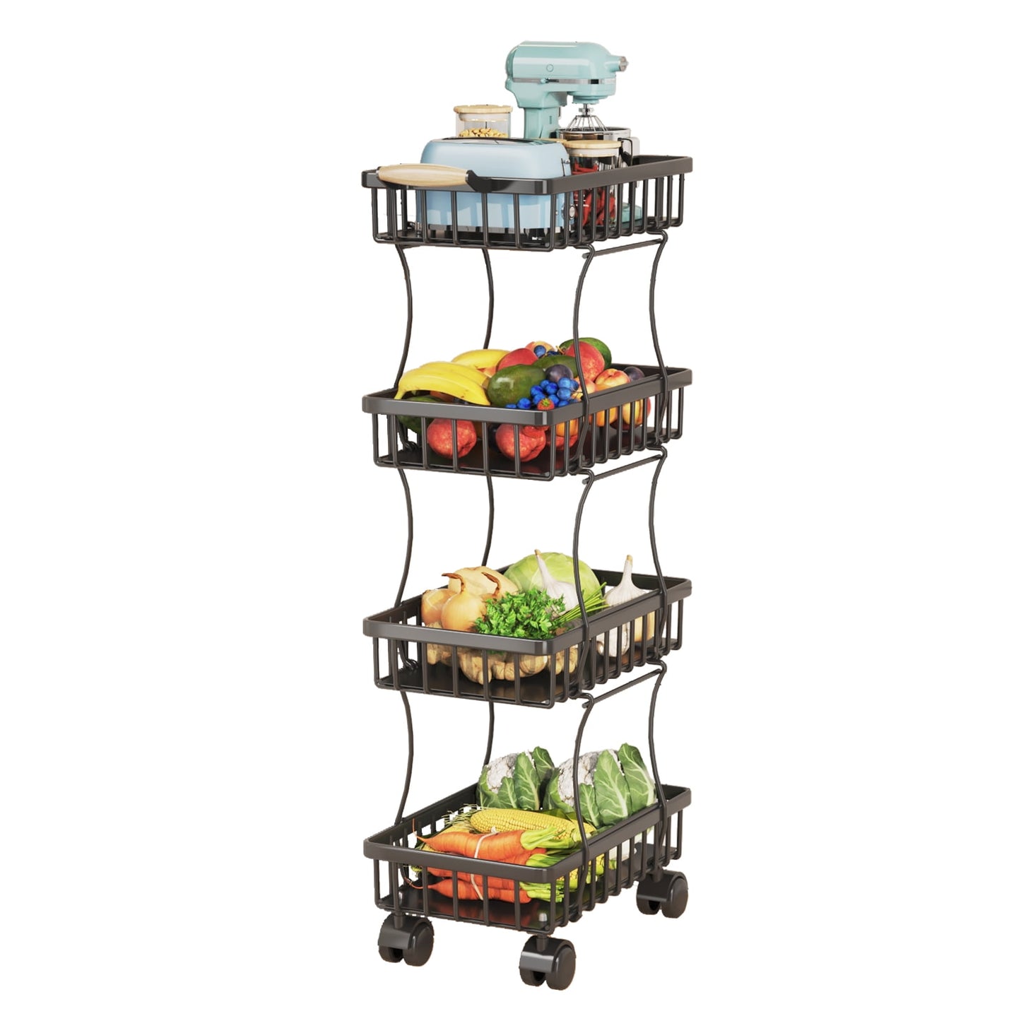 Wisdom Star 4 Tier storage rack for vegetables .Wire Storage Cart with Wheels .34.44 "*14.56 "*9.05 " .Black
