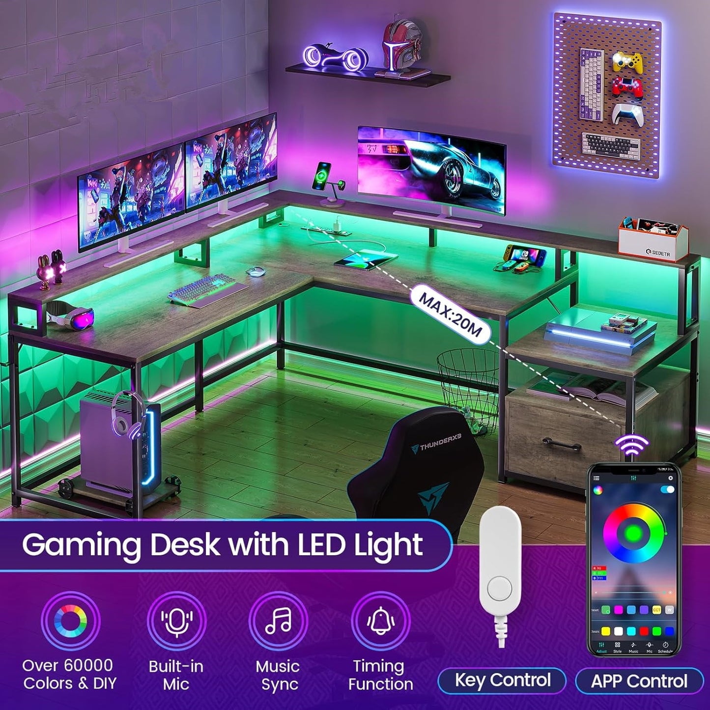 L Shaped Desk with LED Lights and Hutch and Power Outlet for Home Office, 66.9'' Corner Computer Table Writing Desk Table with File Drawer,Brown