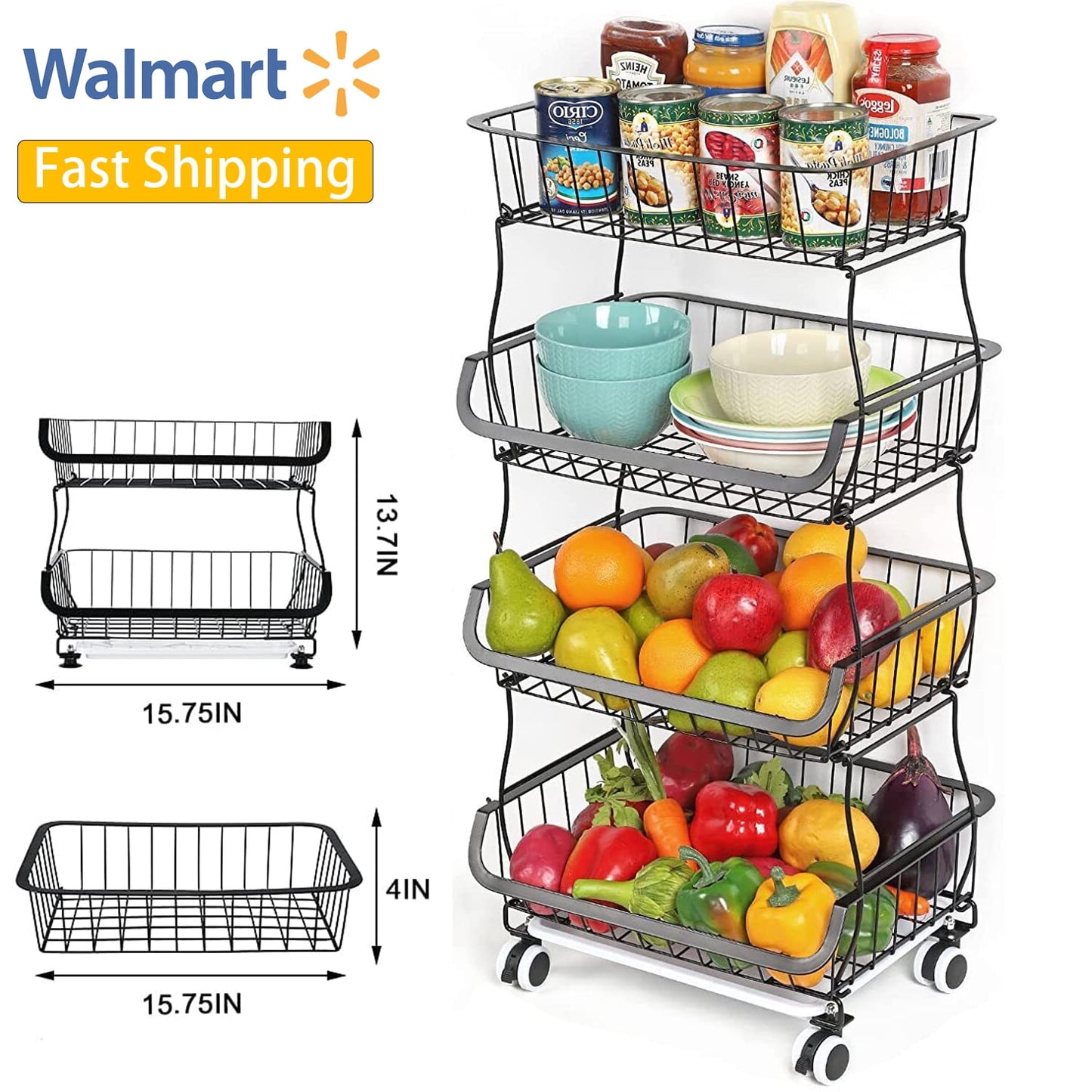 LAKECY Fruit Baskets for Kitchen,4 Tier Vegetables Rack for Kitchen Storage,with Wheels Metal Cart
