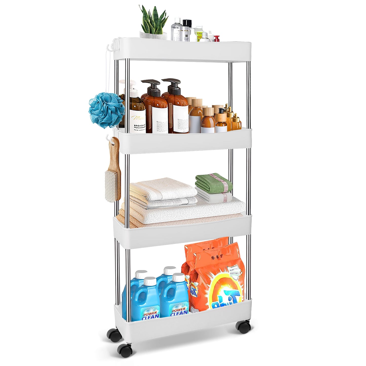 LAYADO 4 Tier Rolling Cart, Slim Rolling Storage Cart with Wheels White Rolling Utility Cart Narrow Storage Organizer for Offices Bathroom Laundry Room