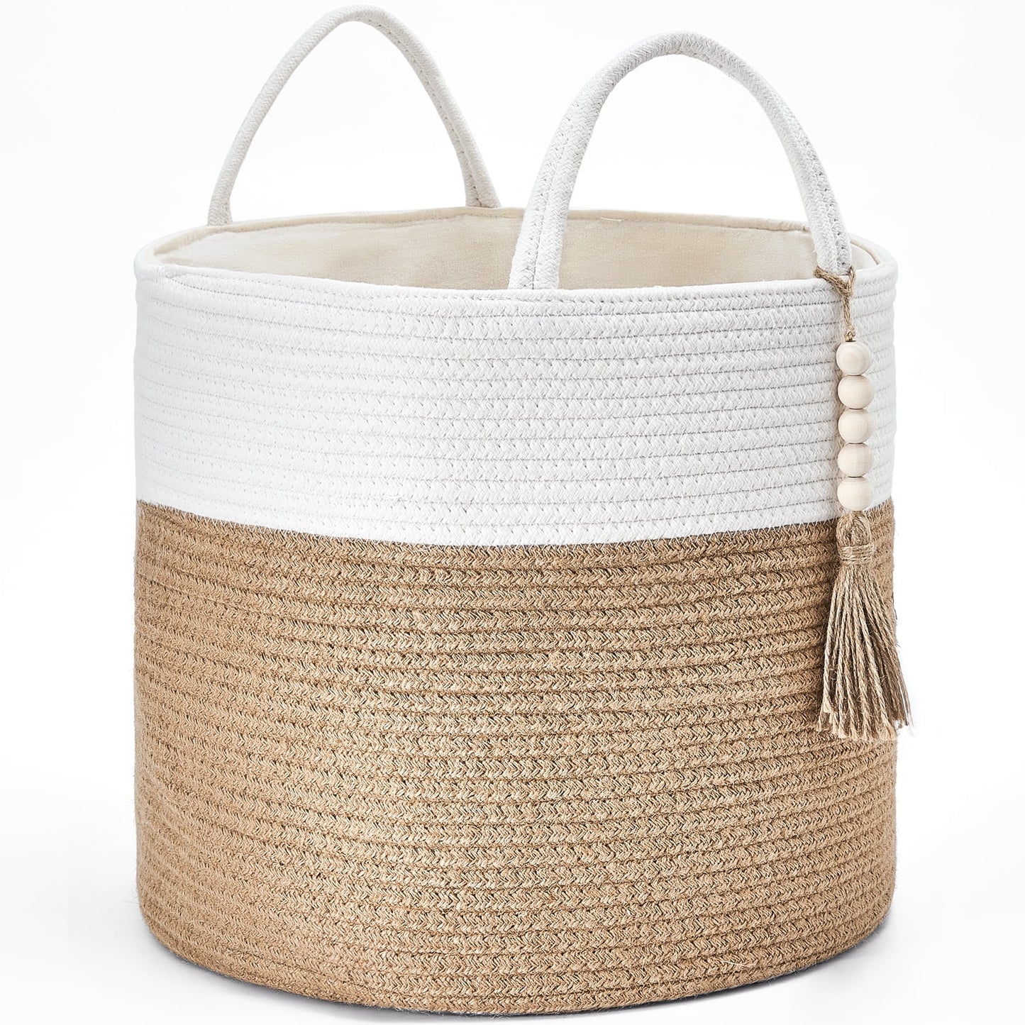 Mkono Woven Storage Basket with Decorative Bead Organizer Bin with Handles for Blankets Toys Clothes, 16"x 13.8"