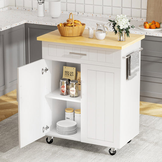 Walsunny Kitchen Island on Wheels with Storage, Kitchen Cart with Drawer and Countertop, 2 Doors Storage Cabinet for Dining Room Living Room, White