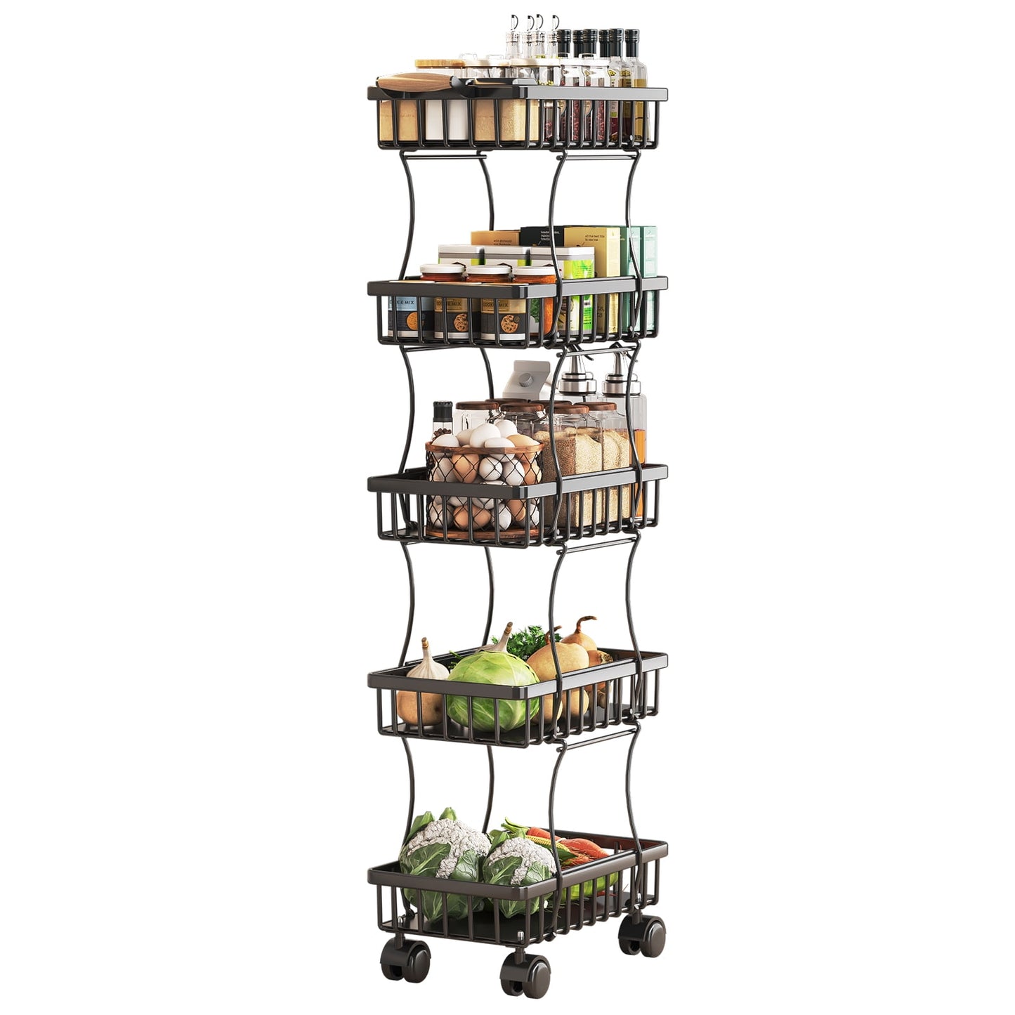 Wisdom Star 4 Tier storage rack for vegetables .Wire Storage Cart with Wheels .34.44 "*14.56 "*9.05 " .Black