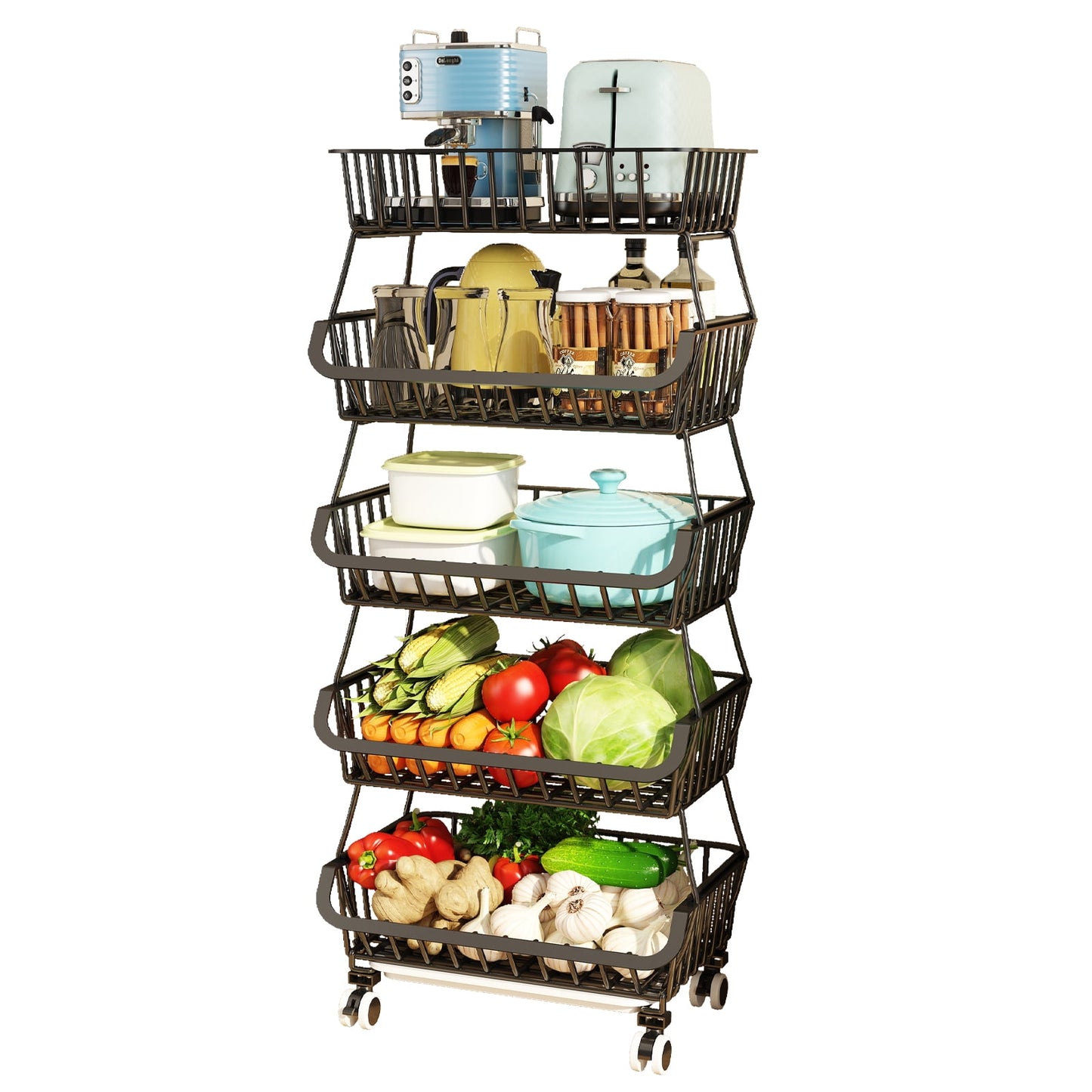 Wisdom Star 5 Tier Kitchen Wire Storage Basket Utility Cart with Wheels, kitchen and storage cart,44.1*11.4*16.1in, Black