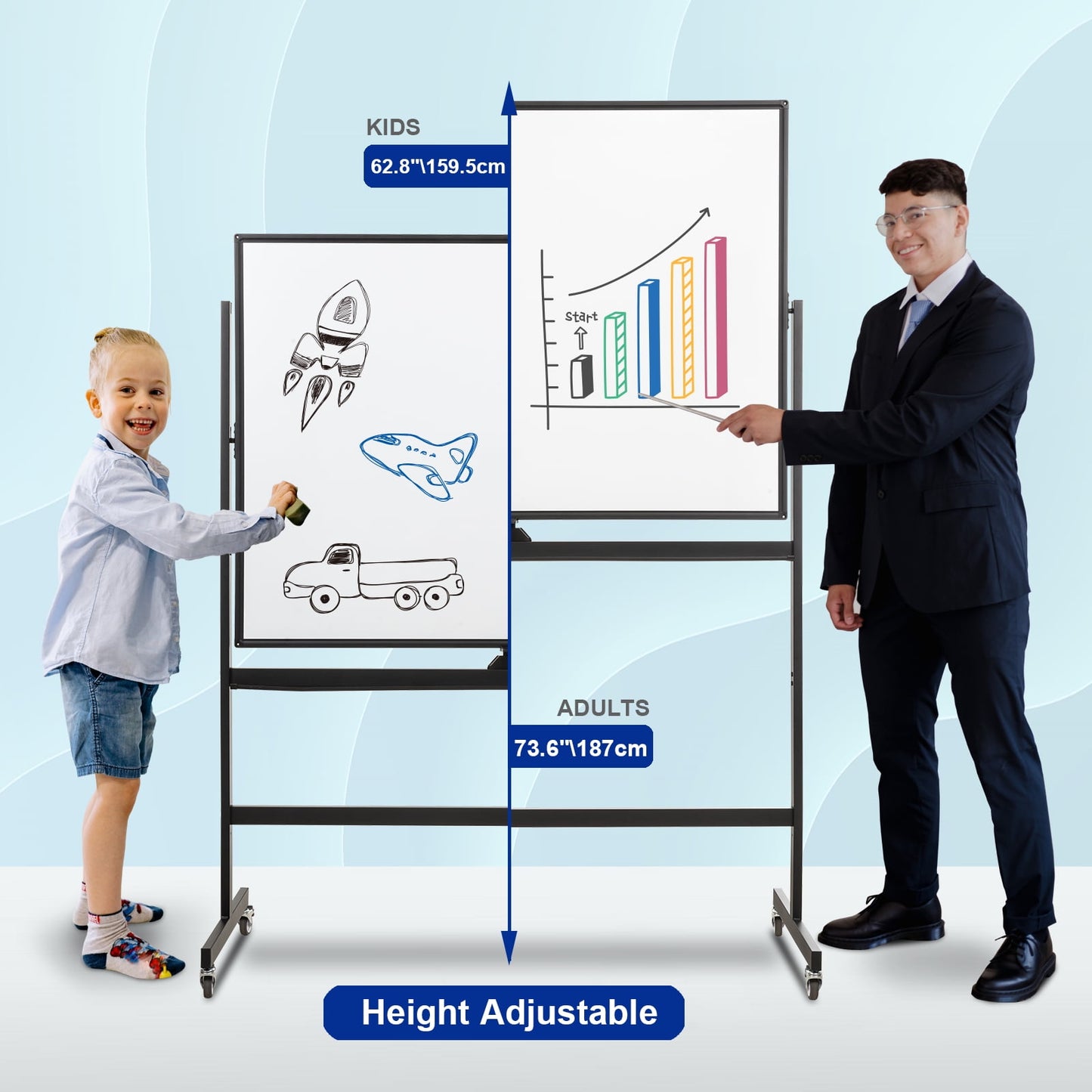 Comix Magnetic Mobile Whiteboard, 48 x 36 Inches Double-Sided Rolling White Board, Large Portable Easel-Style Dry Erase Borad with Stand for Office, Classroom, Home