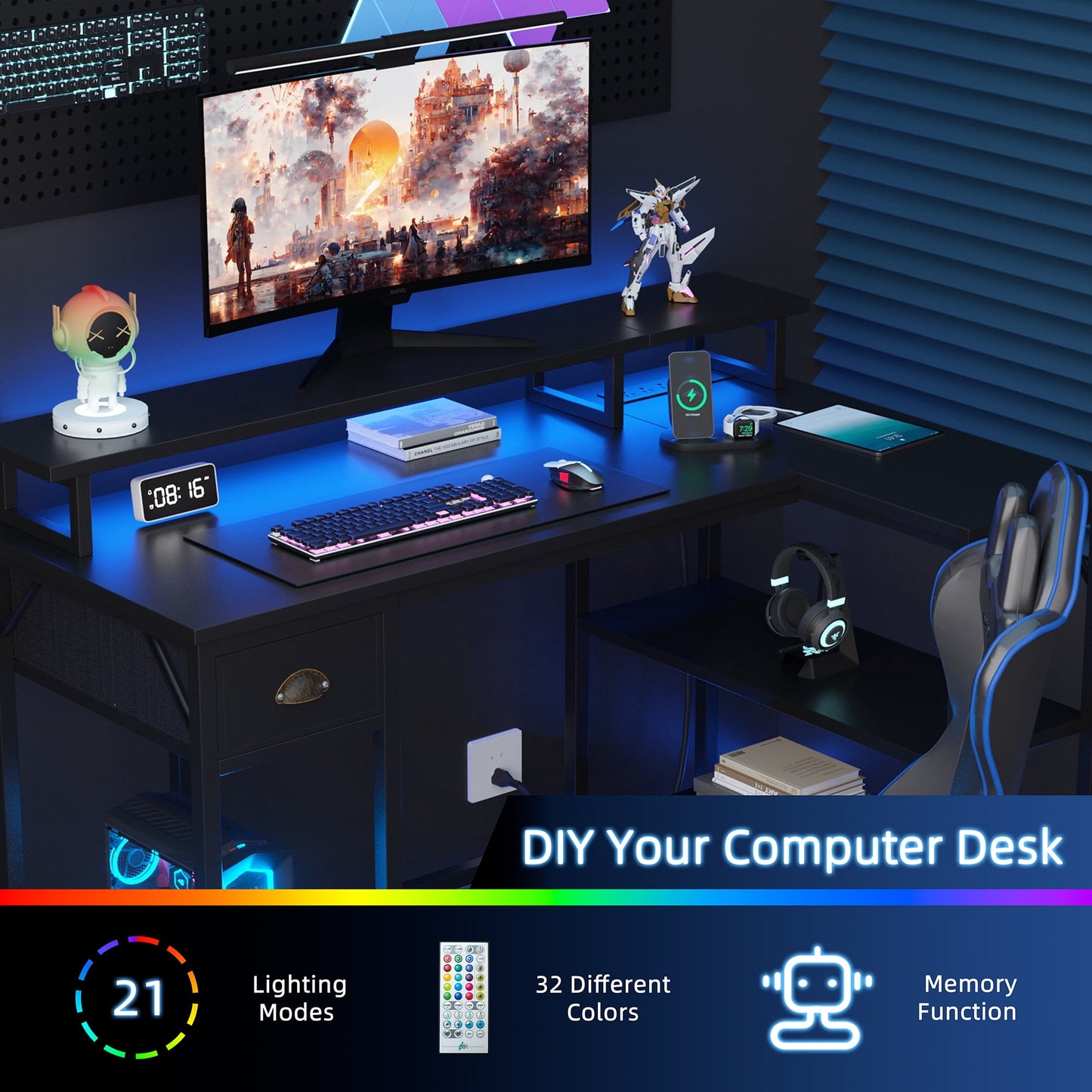 Walsunny L Shaped 55 inch Home Office Desks, Writing Gaming Desk Large Work Desk Study Workstation, Laptop Stand for Desk Grey