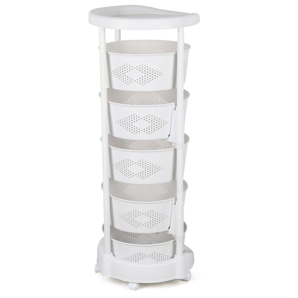 Multi-Layer Rotatable Baskets Kitchen Rack Rolling Storage Cart White