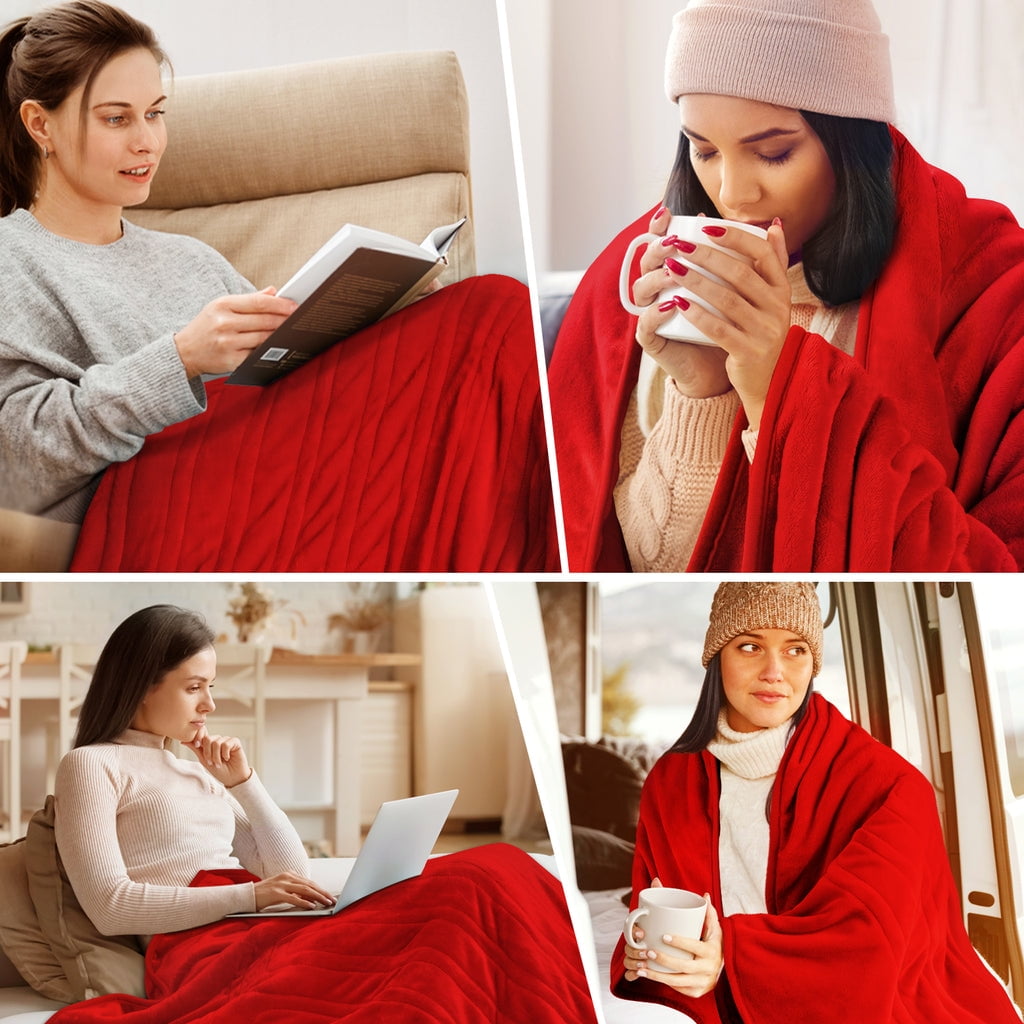 Electric Heated Blanket Throw w/ Hand Warmer for Kids & Adults & Elderly, Keenstone Machine Washable Fast Heating Flannel Blanket for Office Bedroom Livingroom, Beige