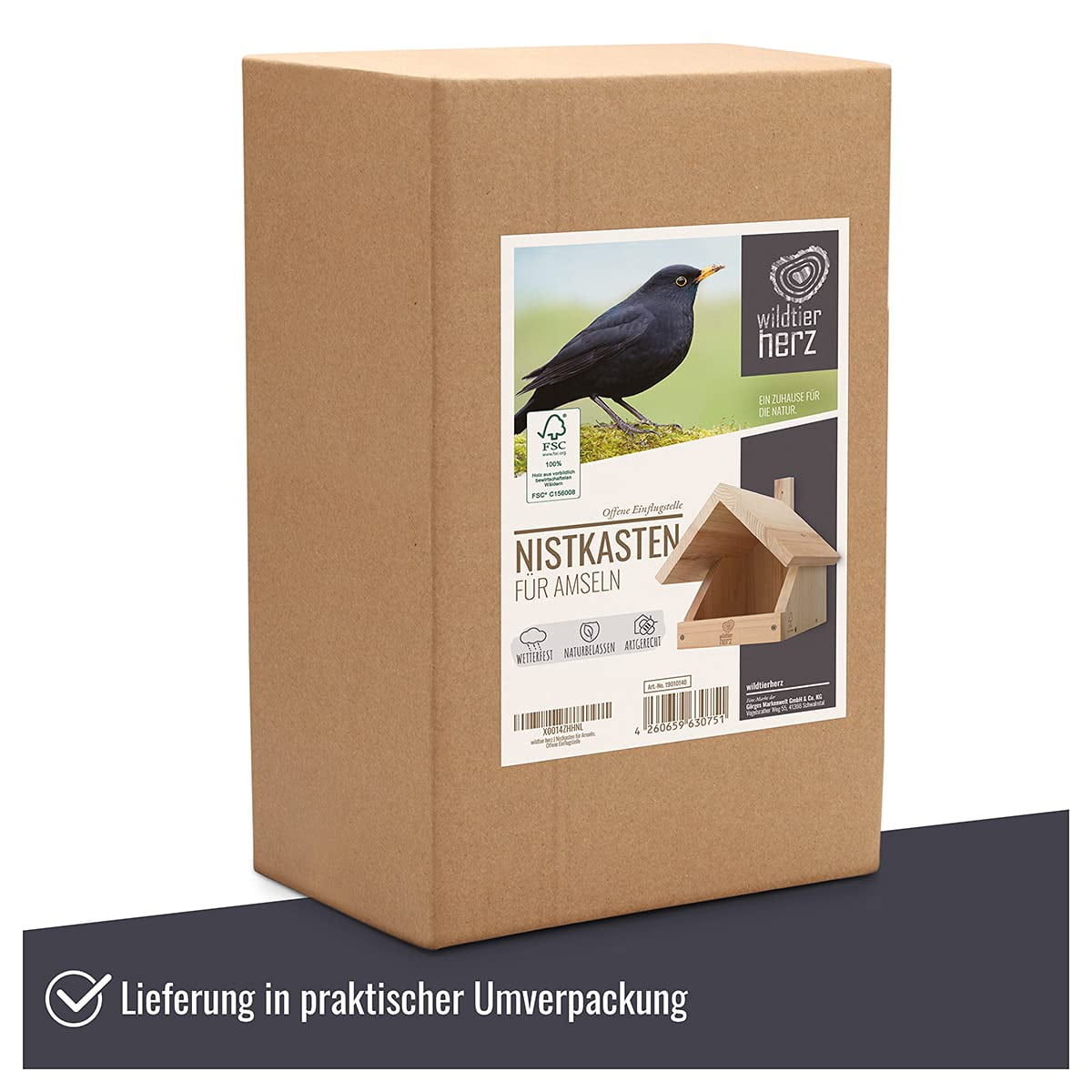 wildtier herz I Blackbird nest Box Made of Screwed Solid Wood - 10 x 11.5 x 11 in, Weatherproof & untreated, Aviary for Half-cave Breeders, Half-cave for Blackbirds, Robins & Co.